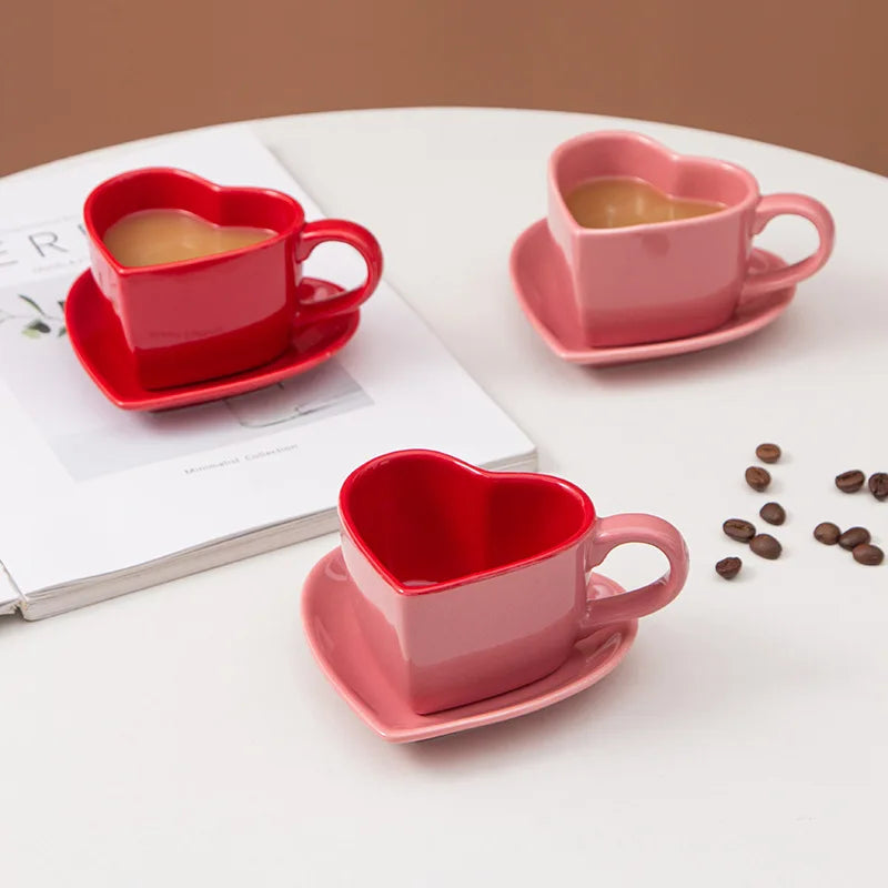 Set High-End Love Heart Coffee Cup Valentine's Day Gift Controlled Quantity Fat Reduction Cup Red Ceramic Cup