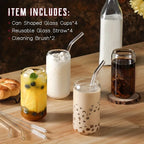 Drinking Glasses Cup with Glass Straw 4pcs Set Can Shaped For Beer Iced Coffee Whiskey Soda Tea Water with 2 Cleaning Brushes