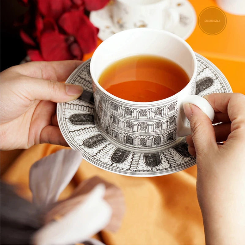 European Ceramic Coffee Cup and Saucer Set Office Afternoon Camellia Flower Tea Cup Creative Face Latte Coffee Mug Home Milk Mug