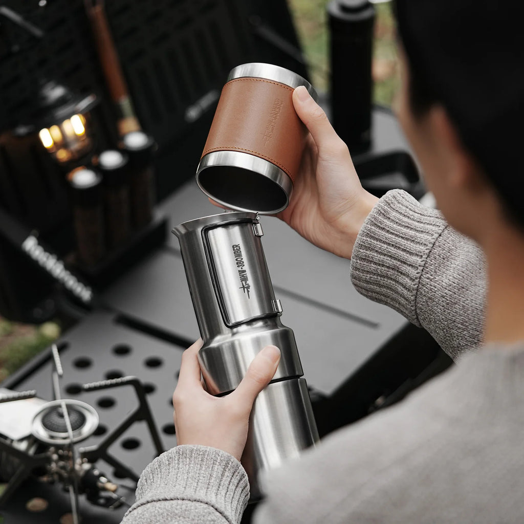 MHW-3BOMBER Moka Pot 350ml Stainless Steel Coffee Maker Integrated Pot-cup Foldable Handle Espresso Pot for Camping Coffee Tool