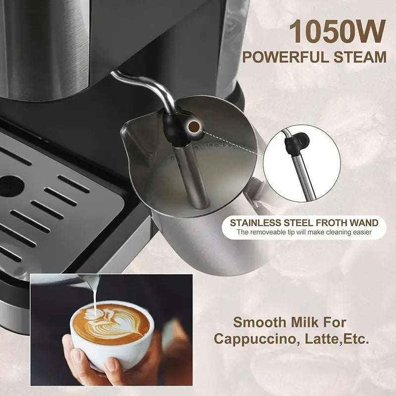 Aeomjk Semi-Automatic Espresso Machine 20 Bar, Professional Coffee Machine Cappuccino Latte Machine with Steam Milk Frother, Espresso Machine with 1.5L Detachable Water Tank