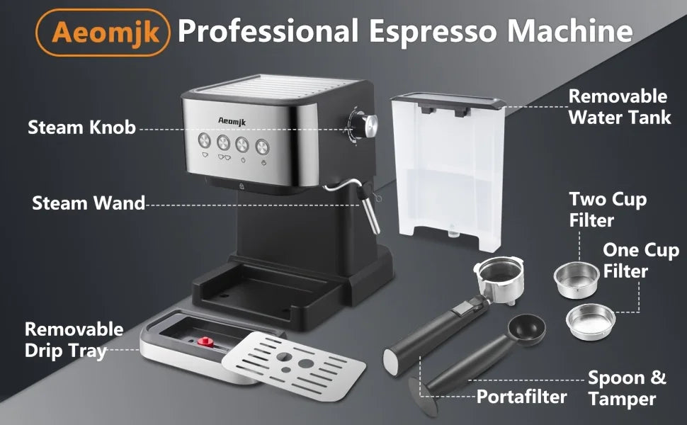 Aeomjk Semi-Automatic Espresso Machine 20 Bar, Professional Coffee Machine Cappuccino Latte Machine with Steam Milk Frother, Espresso Machine with 1.5L Detachable Water Tank