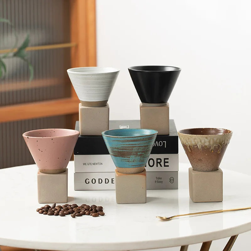 Coarse Pottery Coffee Mug with Base Creative Triangular Cone Shape Mug Personalized Small Espresso Cups for Bar 200ml