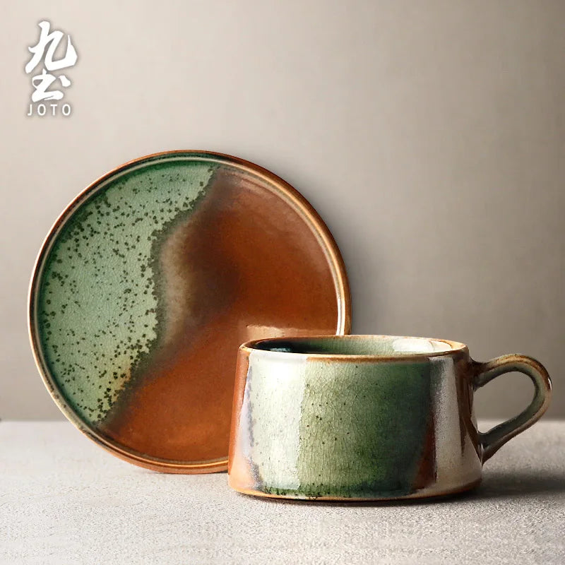 JOTO Handmade Coffee Set Vintage Coffee Cup Glaze Transformation Cups and Mugs Coffee Cup with Saucer CFR0076