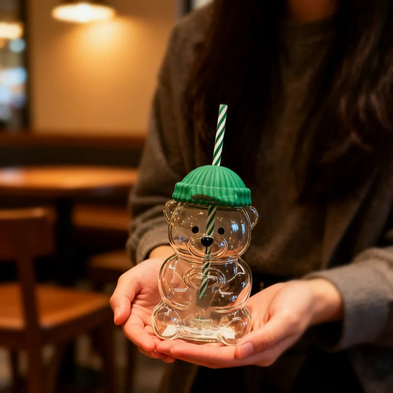 Bearista Glass Straw Cup Teddy Bear Cup with Glass Straw  Cartoon Bear Glass Mug Steal Your Heart!