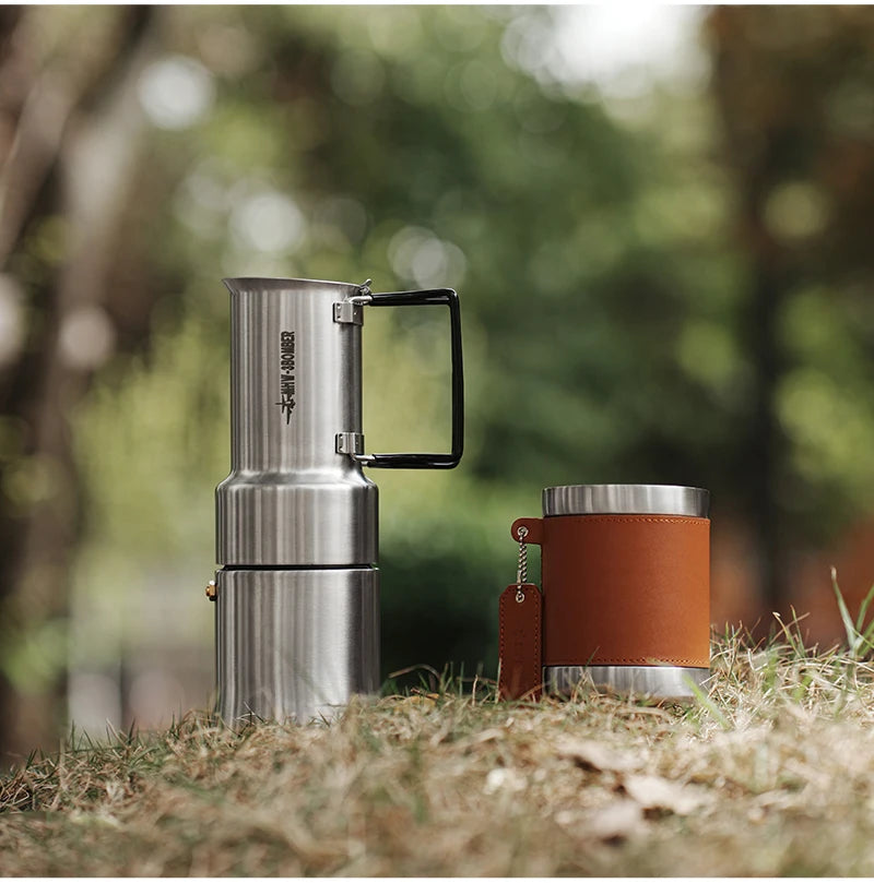 MHW-3BOMBER Moka Pot 350ml Stainless Steel Coffee Maker Integrated Pot-cup Foldable Handle Espresso Pot for Camping Coffee Tool