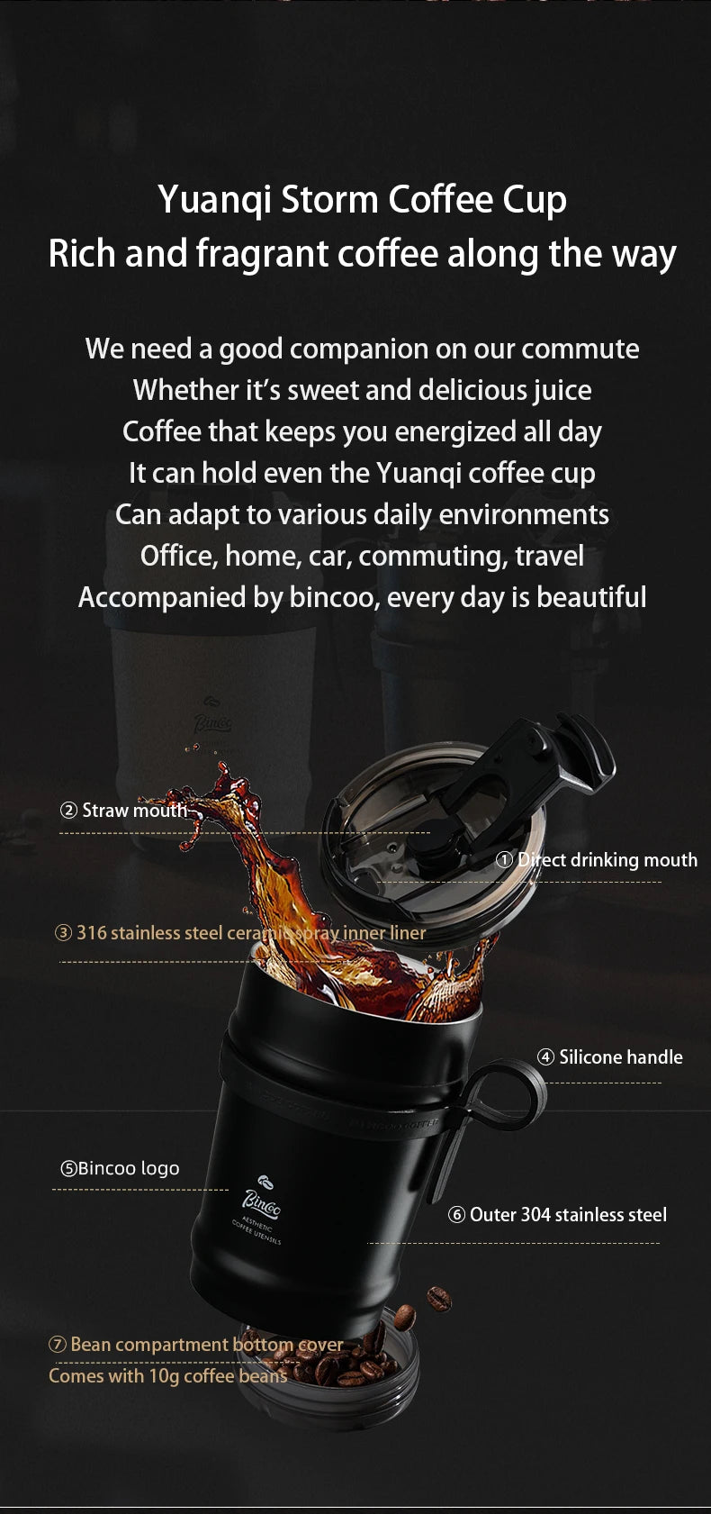 BINCOO Ceramic lined coffee cup, practical insulated cup, portable portable portable water cup, men's and women's 316 stainless