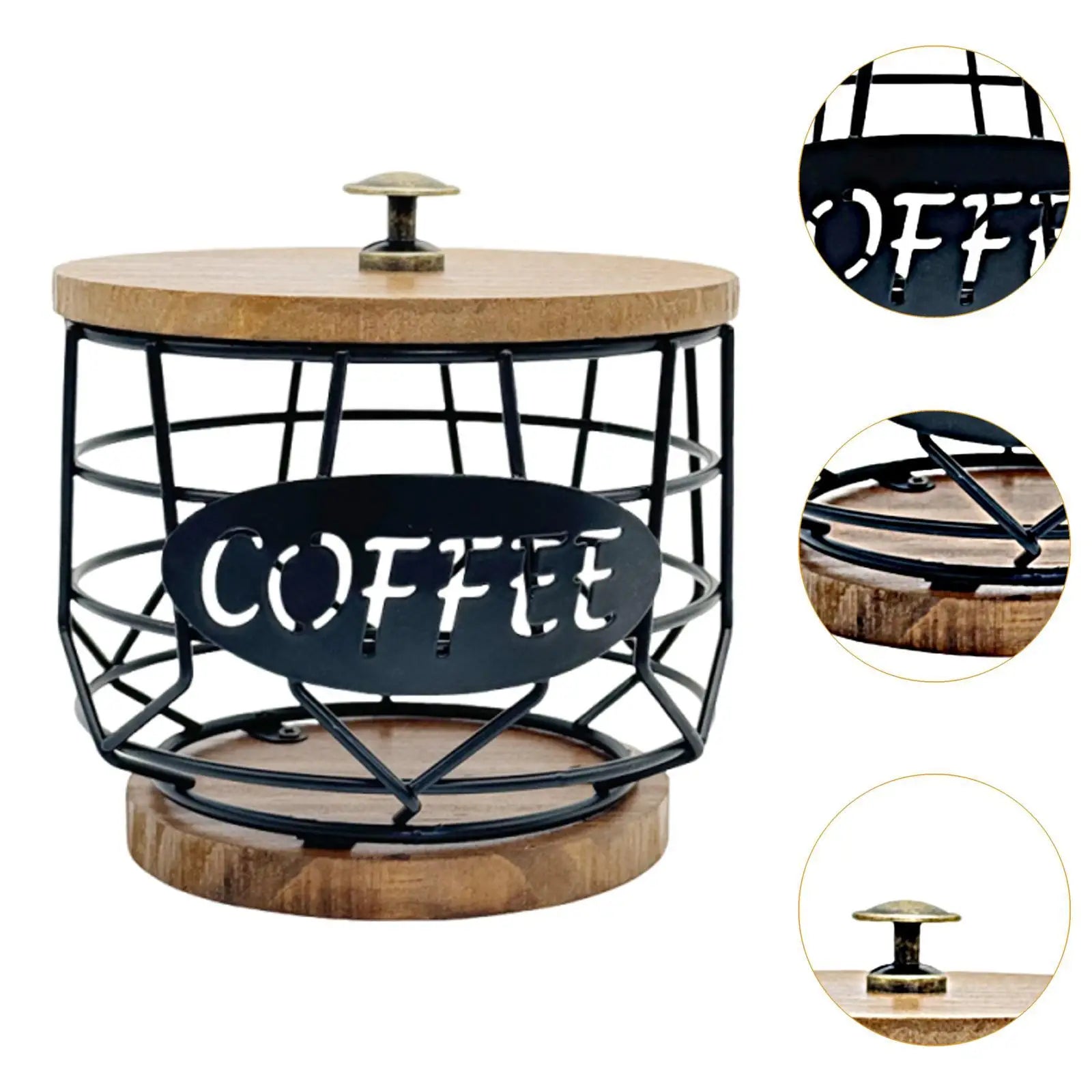 Coffee Pod Holder with Wooden Base Sturdy Iron Cup Shaped Organizer for Kitchen Counter Cafe Bar Accessories Office Desktop