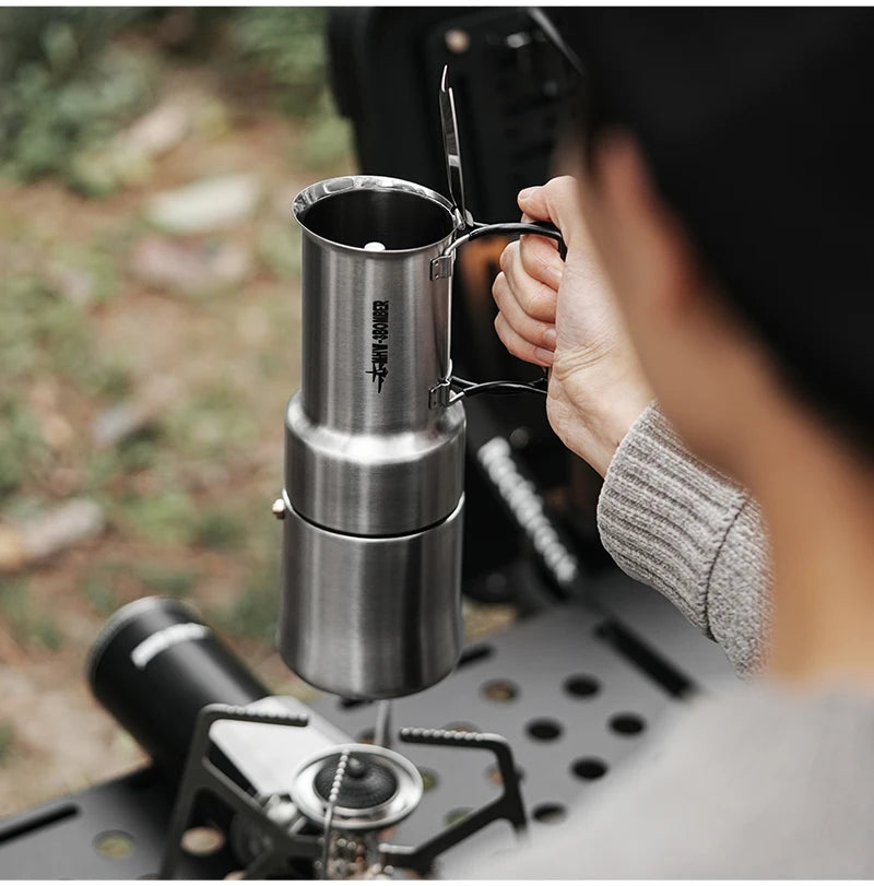 MHW-3BOMBER Moka Pot 350ml Stainless Steel Coffee Maker Integrated Pot-cup Foldable Handle Espresso Pot for Camping Coffee Tool