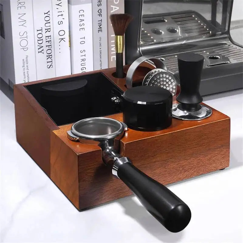Coffee Tamping Station and knock box,Wooden portafilter holder,Espresso organizer station box for 51/54/58mm coffee accessories