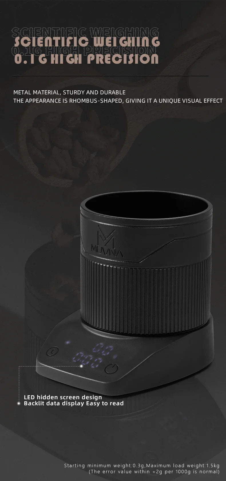 MUVNA-Mini Escala Espresso Eletrônico Exact 0.1g, Alta Precisão,Pesando LED, Balança de Café Portátil, Pó Recebendo Cup, 0.1g