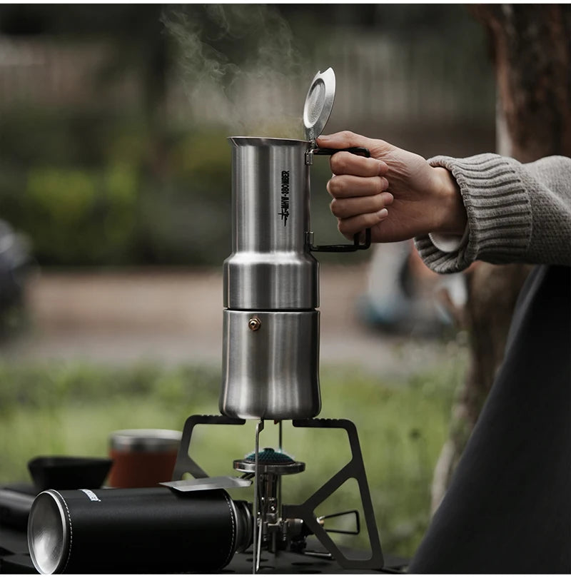 MHW-3BOMBER Moka Pot 350ml Stainless Steel Coffee Maker Integrated Pot-cup Foldable Handle Espresso Pot for Camping Coffee Tool