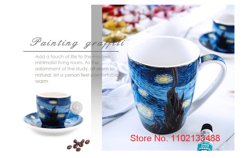 Van Gogh Coffee Cup Set Luxury Ceramics Coffee Mug And Plate Set Oil Painting ESPRESSO Demitasse Glass Cappuccino Tasting Teacup