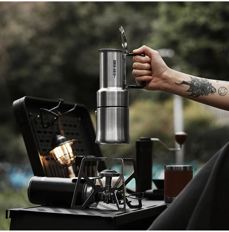 MHW-3BOMBER Moka Pot 350ml Stainless Steel Coffee Maker Integrated Pot-cup Foldable Handle Espresso Pot for Camping Coffee Tool