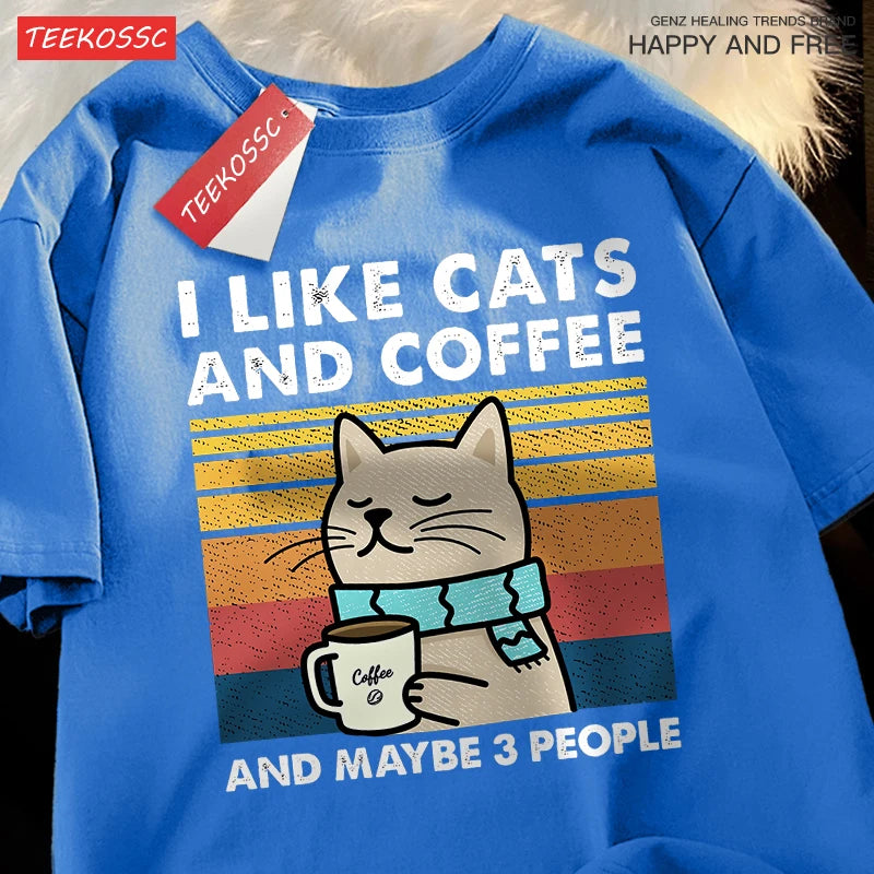 I Like Cats And Coffee Men Women T-Shirt Cotton Tee Clothes Hip Hop Loose Tshirt Fashion Crewneck T-Shirt Streetwear Couple