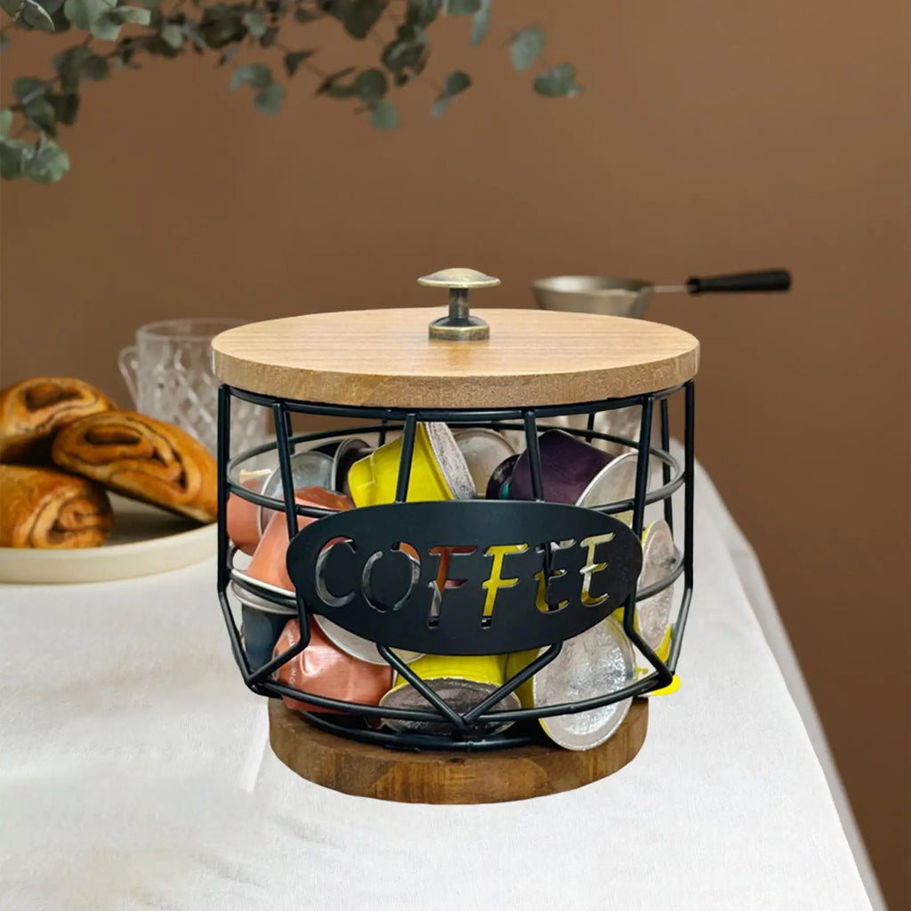 Coffee Pod Holder with Wooden Base Sturdy Iron Cup Shaped Organizer for Kitchen Counter Cafe Bar Accessories Office Desktop