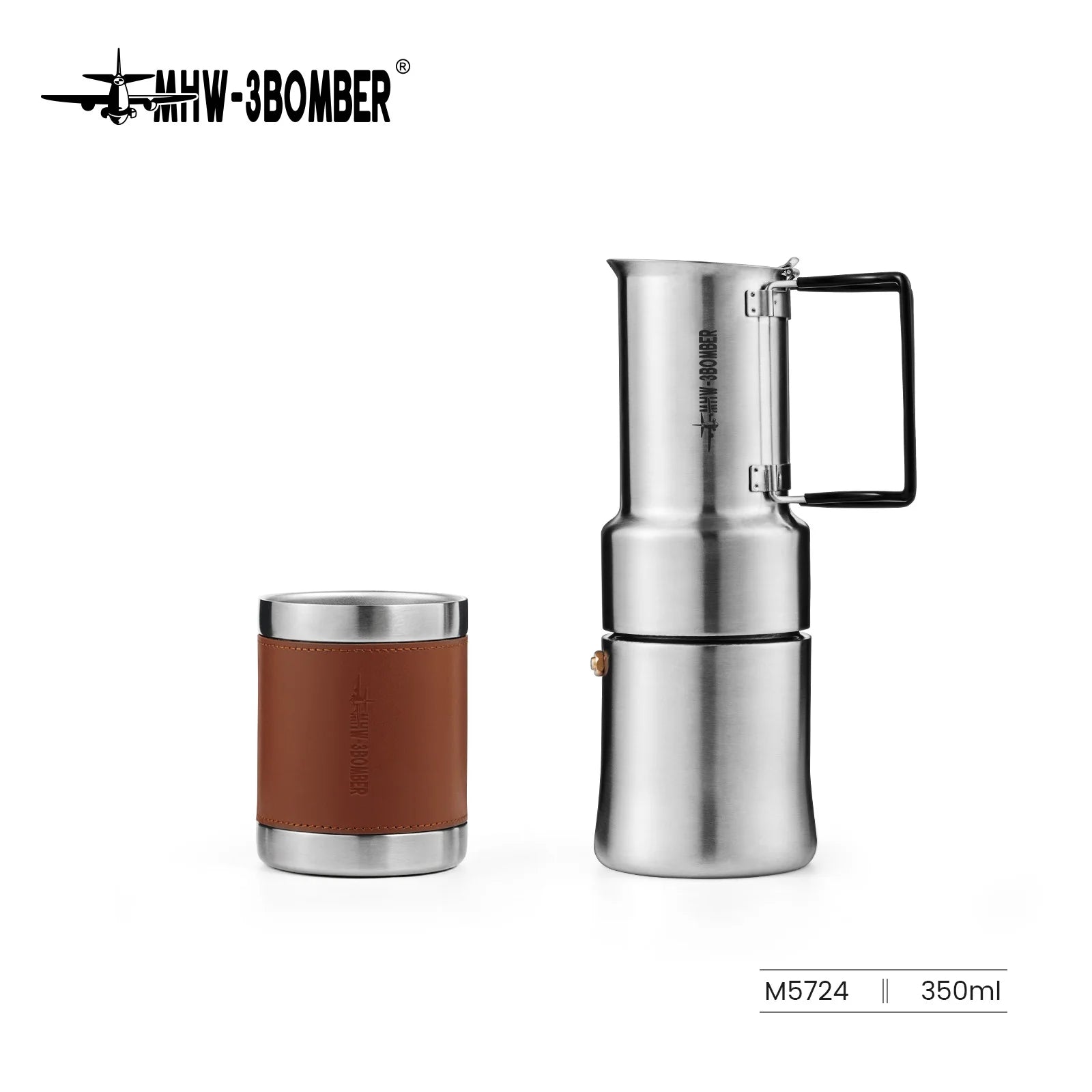 MHW-3BOMBER Moka Pot 350ml Stainless Steel Coffee Maker Integrated Pot-cup Foldable Handle Espresso Pot for Camping Coffee Tool