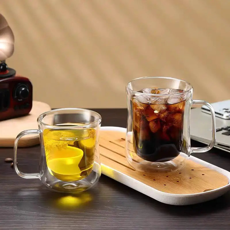 1PCS Double Wall Glass Cup Clear Coffee Mug With Handle For Hot Cold Beverage Milk Juice Drinkware Set 220/300/400ml