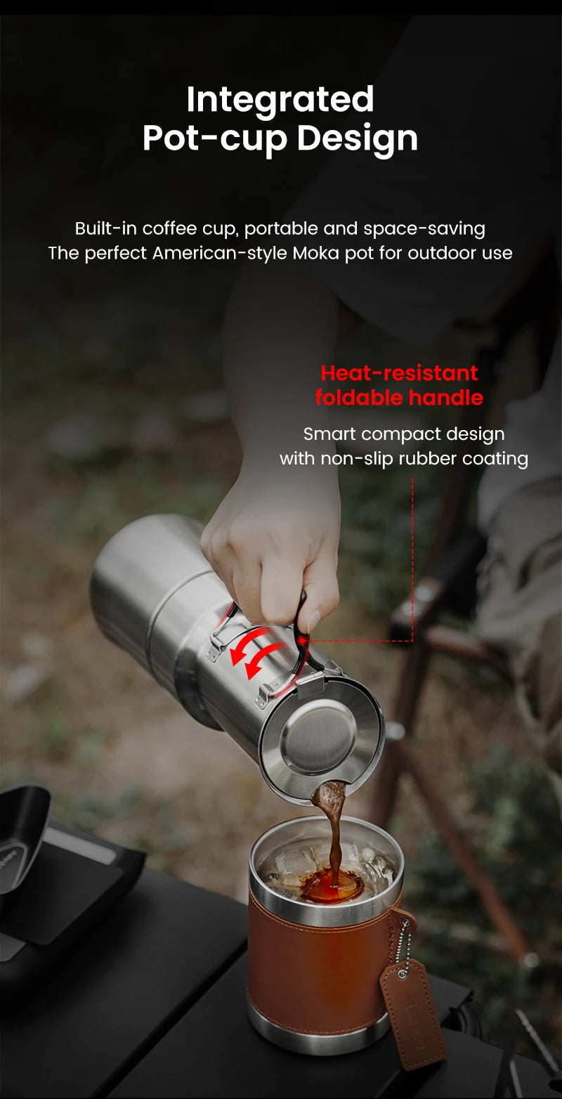 MHW-3BOMBER Moka Pot 350ml Stainless Steel Coffee Maker Integrated Pot-cup Foldable Handle Espresso Pot for Camping Coffee Tool