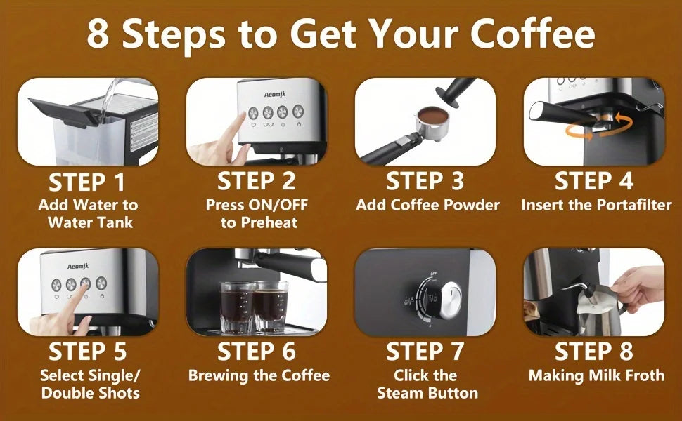 Aeomjk Semi-Automatic Espresso Machine 20 Bar, Professional Coffee Machine Cappuccino Latte Machine with Steam Milk Frother, Espresso Machine with 1.5L Detachable Water Tank