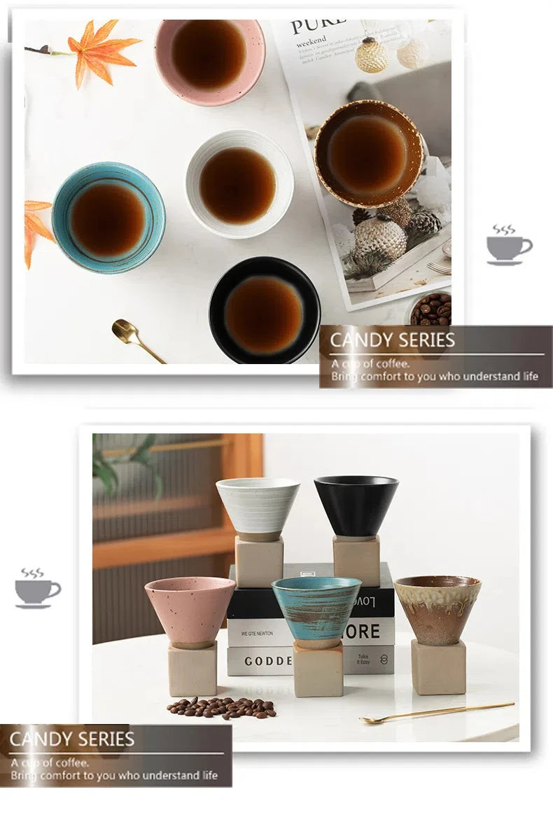 Coarse Pottery Coffee Mug with Base Creative Triangular Cone Shape Mug Personalized Small Espresso Cups for Bar 200ml