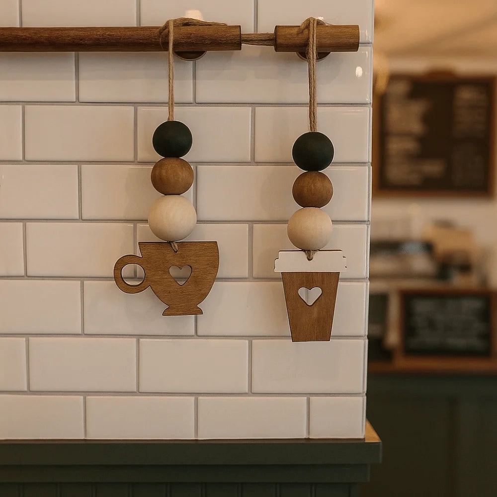 2Pcs Cafe Corner Accessories Wooden Coffee Cup Doorplate Vintage Handmade Door Pendant Decorative DIY Hanging Decor Home