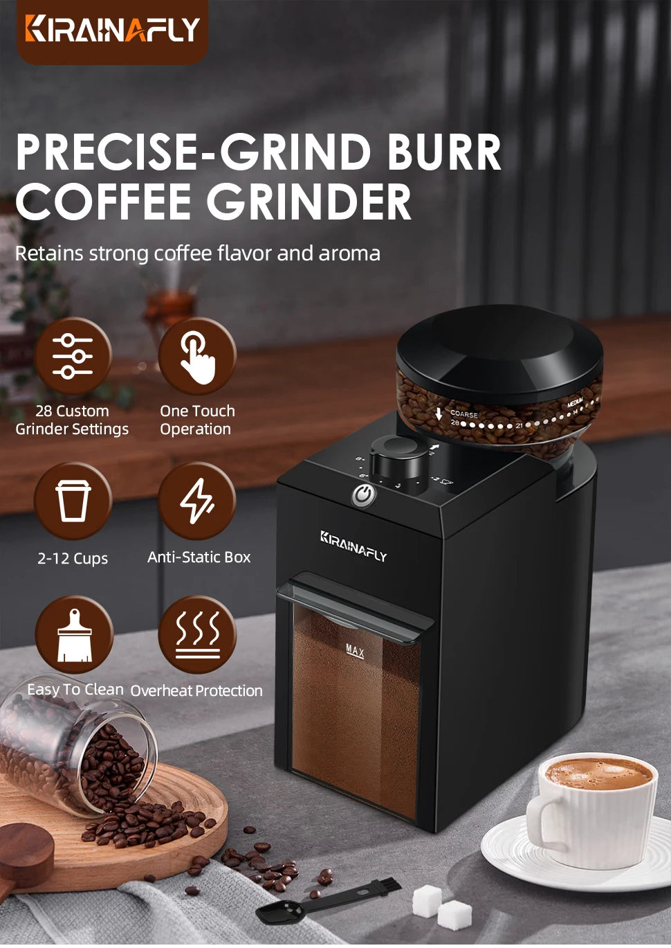 Electric Burr Mill Coffee Grinder Automatic Coffee Bean Grinding With 28 Grind Settings For Espresso French Press Drip 2-12 Cup