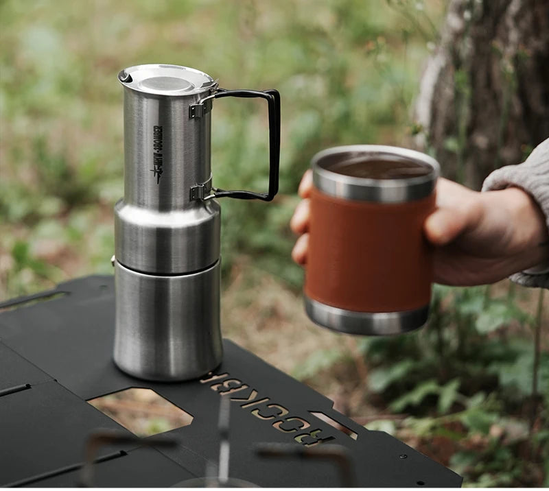 MHW-3BOMBER Moka Pot 350ml Stainless Steel Coffee Maker Integrated Pot-cup Foldable Handle Espresso Pot for Camping Coffee Tool