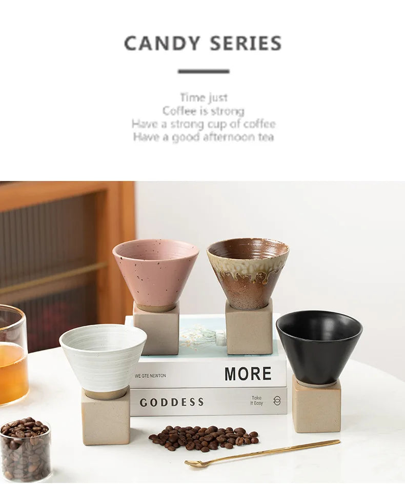 Coarse Pottery Coffee Mug with Base Creative Triangular Cone Shape Mug Personalized Small Espresso Cups for Bar 200ml