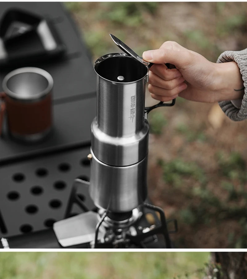 MHW-3BOMBER Moka Pot 350ml Stainless Steel Coffee Maker Integrated Pot-cup Foldable Handle Espresso Pot for Camping Coffee Tool