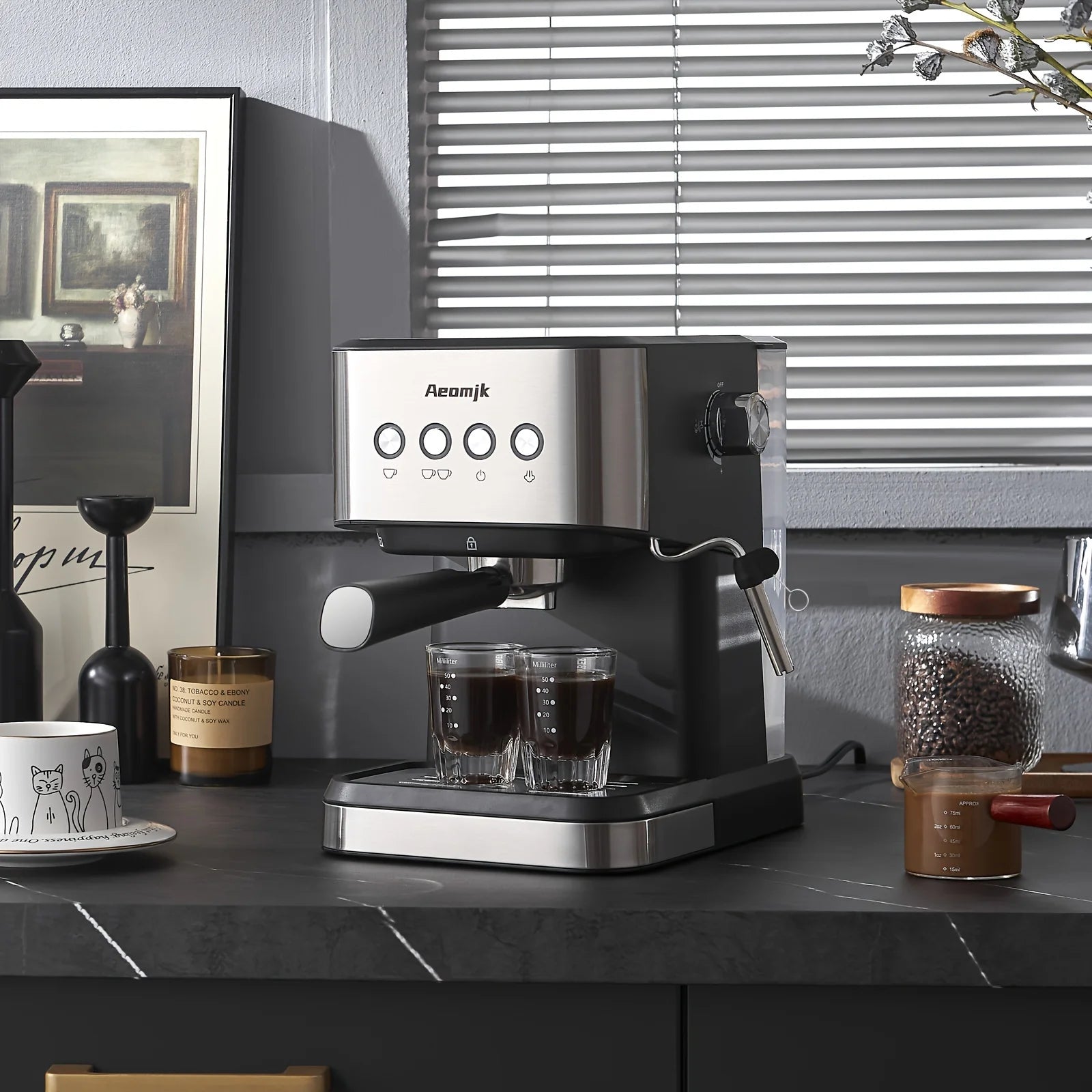 Aeomjk Semi-Automatic Espresso Machine 20 Bar, Professional Coffee Machine Cappuccino Latte Machine with Steam Milk Frother, Espresso Machine with 1.5L Detachable Water Tank