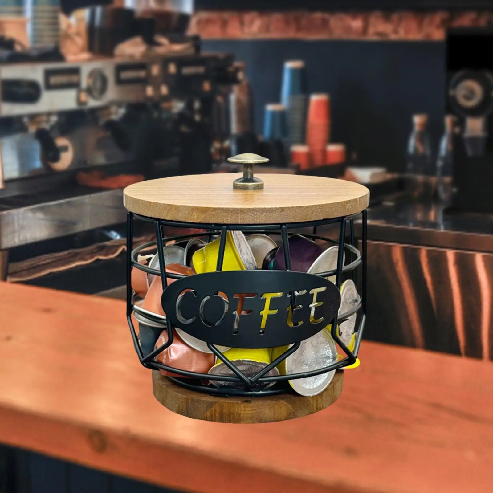 Coffee Pod Holder with Wooden Base Sturdy Iron Cup Shaped Organizer for Kitchen Counter Cafe Bar Accessories Office Desktop