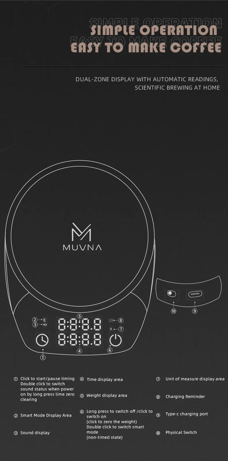 MUVNA-Mini Escala Espresso Eletrônico Exact 0.1g, Alta Precisão,Pesando LED, Balança de Café Portátil, Pó Recebendo Cup, 0.1g