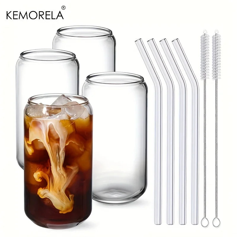 Drinking Glasses Cup with Glass Straw 4pcs Set Can Shaped For Beer Iced Coffee Whiskey Soda Tea Water with 2 Cleaning Brushes