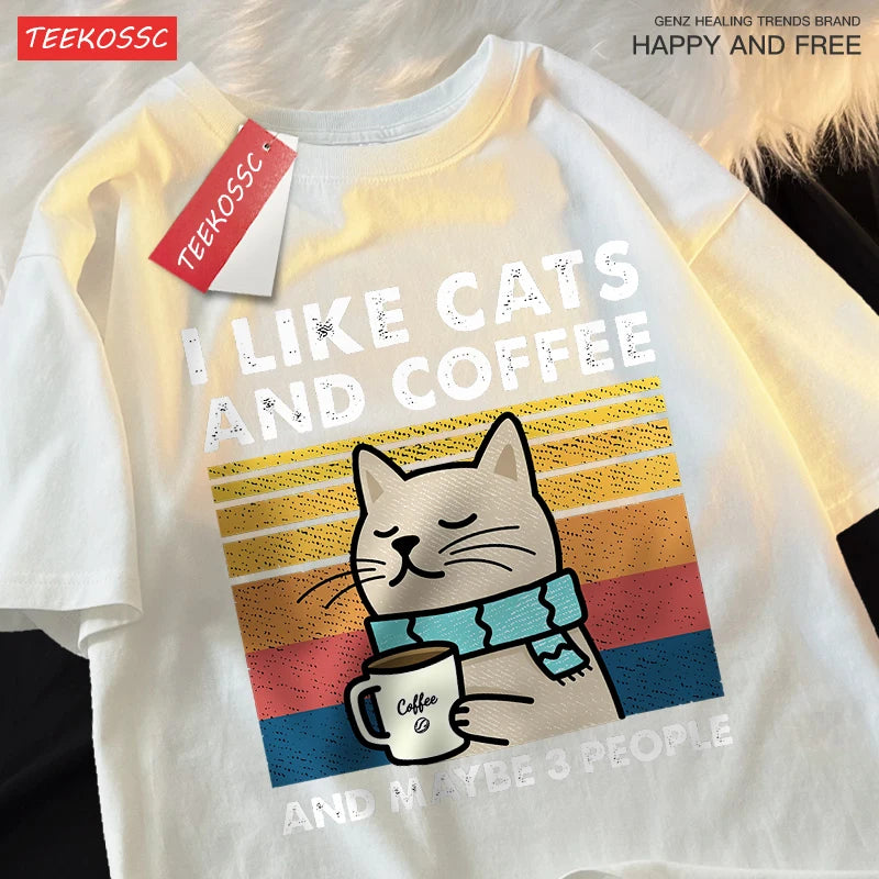 I Like Cats And Coffee Men Women T-Shirt Cotton Tee Clothes Hip Hop Loose Tshirt Fashion Crewneck T-Shirt Streetwear Couple