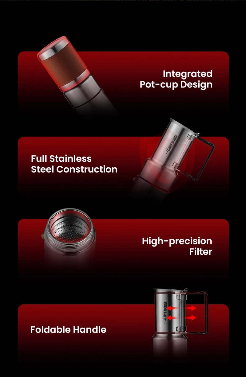 MHW-3BOMBER Moka Pot 350ml Stainless Steel Coffee Maker Integrated Pot-cup Foldable Handle Espresso Pot for Camping Coffee Tool